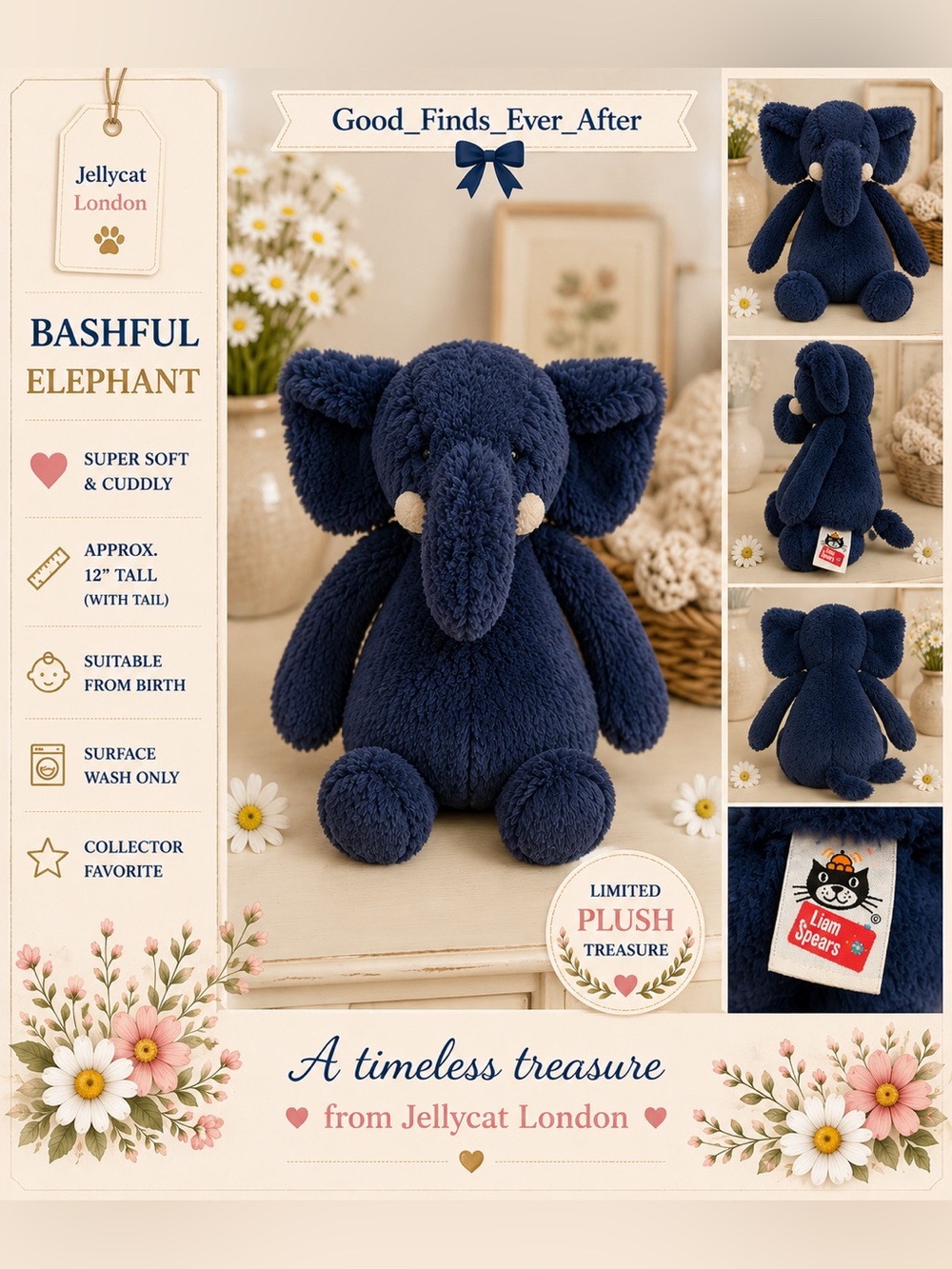 Jellycat London - Bashful Elephant Deep Navy Blue Stuffed Animal 12” Medium